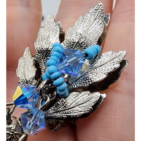 Hobe Silver Grape Leaf Glass Bead Crystal Earrings Dangle Vintage Signed Clip - Picture 10 of 16